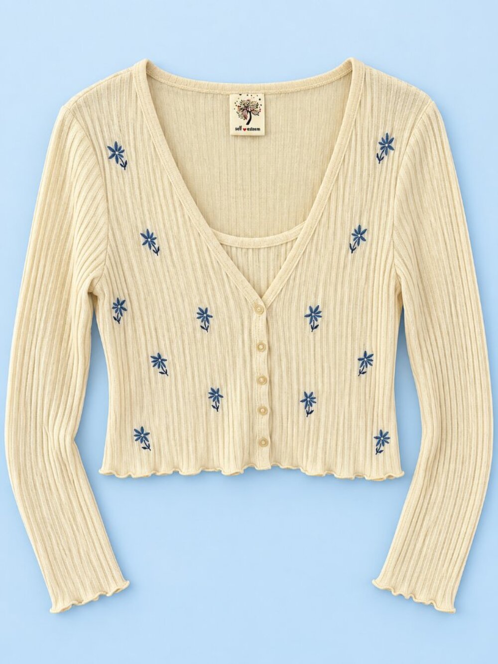 Self Esteem Women's 2-Piece Sweater Set Size L Cream Ribbed Floral Cottagecore